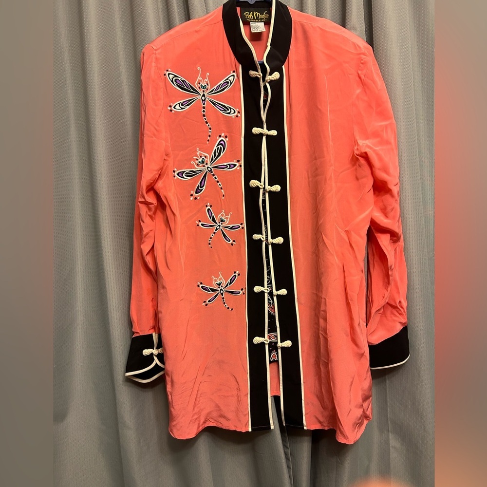 Bob Mackie Coral Blouse with Dragonfly Embroidery